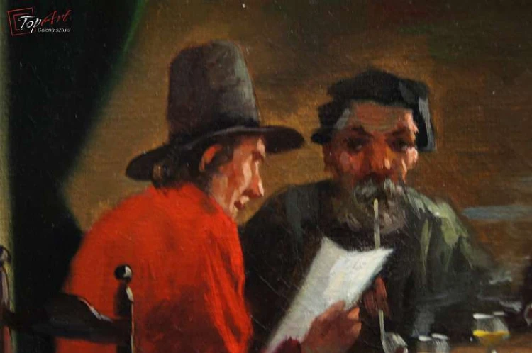 Stary obraz Klaus Bergen Dysputy przy stole