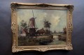 Stary obraz Hans Lenteman Holenderski krajobraz z Wiatrakiem 