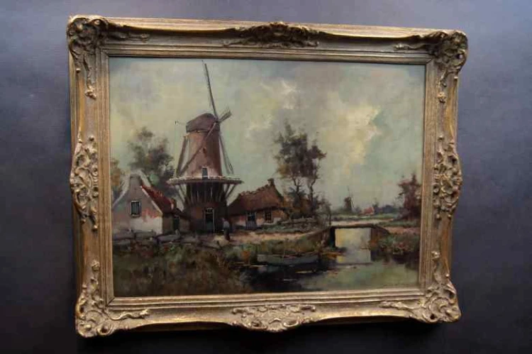 Stary obraz Hans Lenteman Holenderski krajobraz z Wiatrakiem 