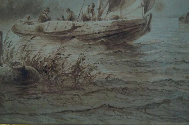 Johannes Hilverdink rybacy w łodziach akwarela 1853 !!!