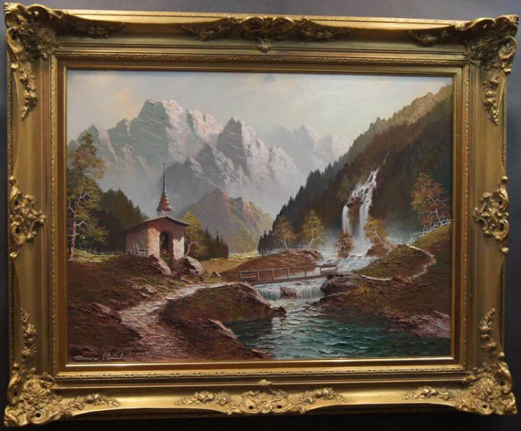 Górski wodospad w Pitztal malarstwo szpachlowe Gustav Weis
