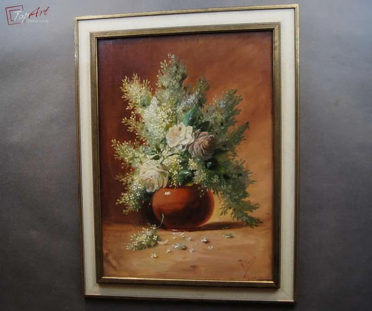 Stary obraz R. Thiele bukiet kwiatów 19 wiek 