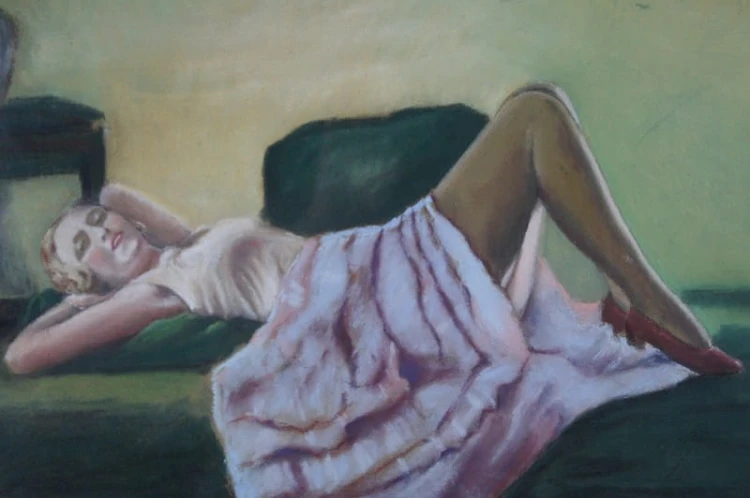 Pastel obraz Art Deco odpoczywająca kobieta