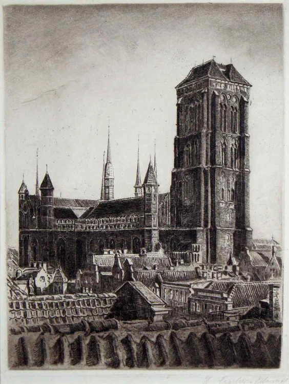 Gdańsk grafika Bazylika Mariacka Helma Fischer Oels akwaforta