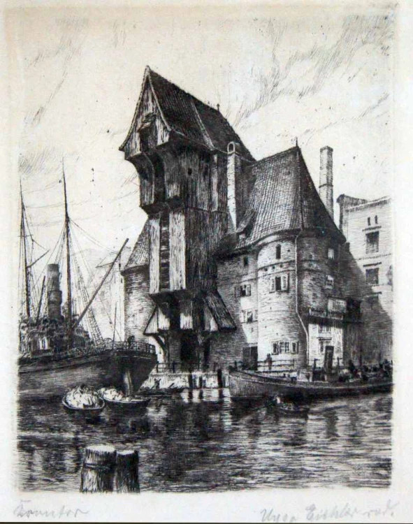 Gdański spichlerz grafika akwaforta Hugo Eichler