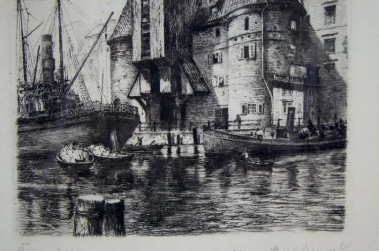 Gdański spichlerz grafika akwaforta Hugo Eichler