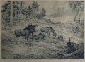 Akwaforta stado łosi grafika Axel Osterberg 1928 rok
