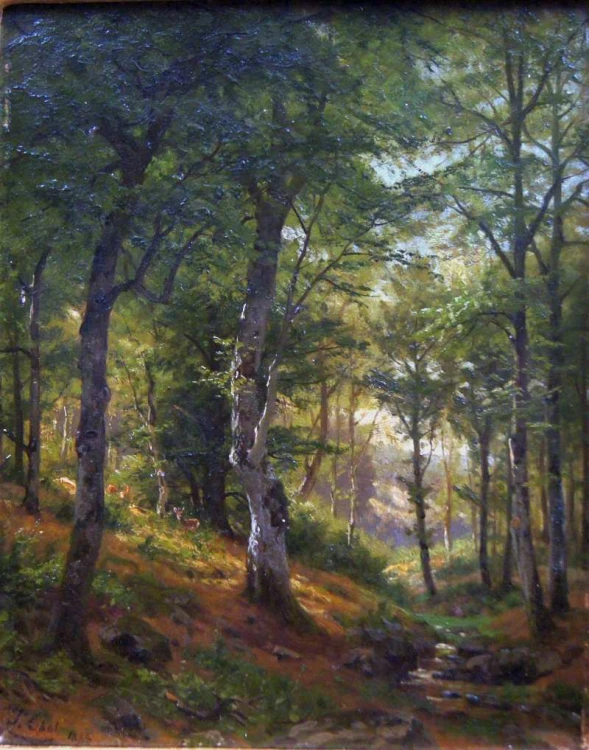 Pejzaż leśny z sarnami Fritz Carl Werner Ebel Unikat 1886