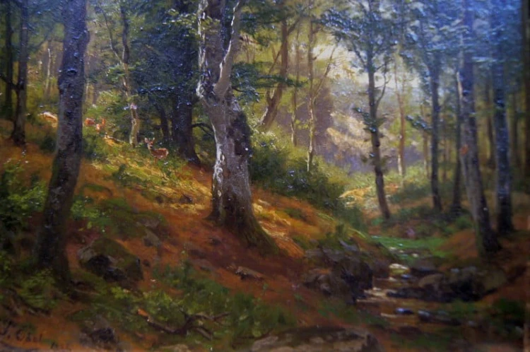 Pejzaż leśny z sarnami Fritz Carl Werner Ebel Unikat 1886