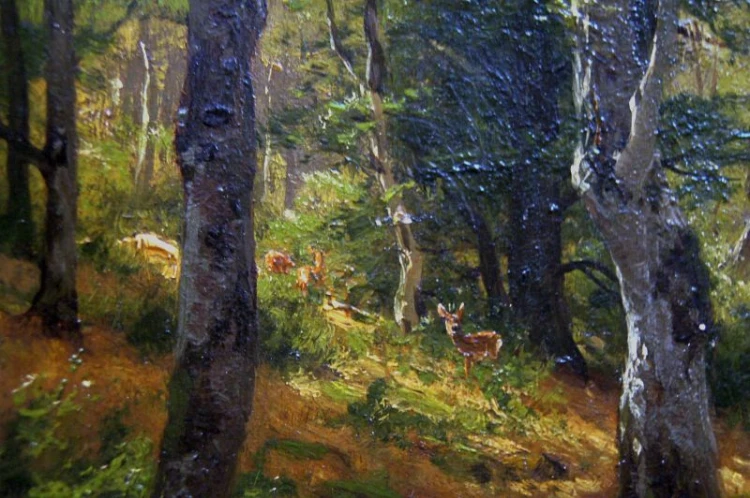 Pejzaż leśny z sarnami Fritz Carl Werner Ebel Unikat 1886
