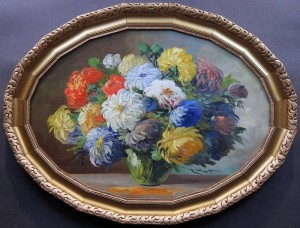 Obraz w owalu bukiet chryzantem w wazonie E. Horst 