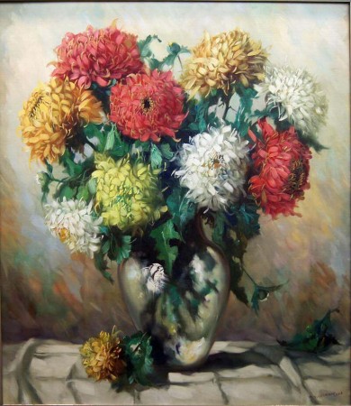 Barwne chryzantemy w wazonie stary obraz Helmuth Andreas Volkwein