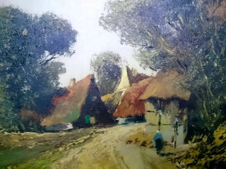 Obraz olejny Jean Coune WIEJSKI KRAJOBRAZ Z KURAMI