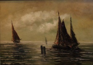 Morze w ciepłej tonacji z kutrami na redzie Jean Coune