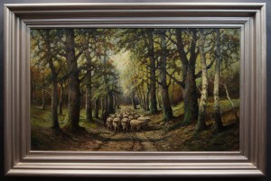 Owce na tle leśnego pejzażu obraz animalistyczny Albert Blaetter