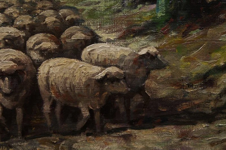 Owce na tle leśnego pejzażu obraz animalistyczny Albert Blaetter