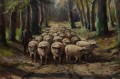Owce na tle leśnego pejzażu obraz animalistyczny Albert Blaetter