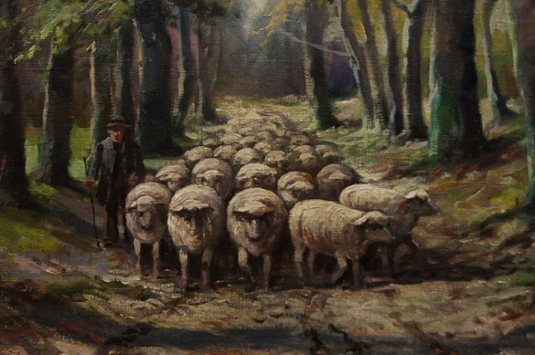 Owce na tle leśnego pejzażu obraz animalistyczny Albert Blaetter