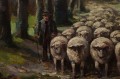 Owce na tle leśnego pejzażu obraz animalistyczny Albert Blaetter