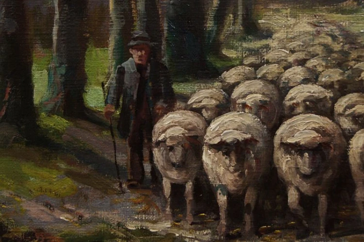 Owce na tle leśnego pejzażu obraz animalistyczny Albert Blaetter