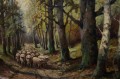 Owce na tle leśnego pejzażu obraz animalistyczny Albert Blaetter