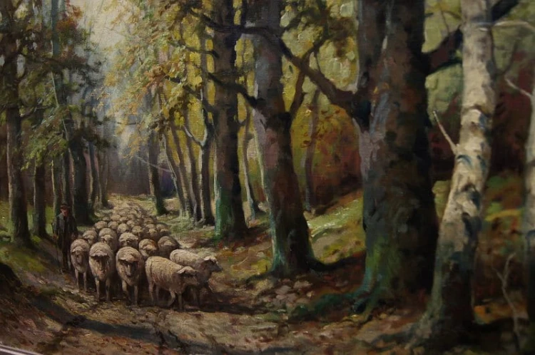Owce na tle leśnego pejzażu obraz animalistyczny Albert Blaetter