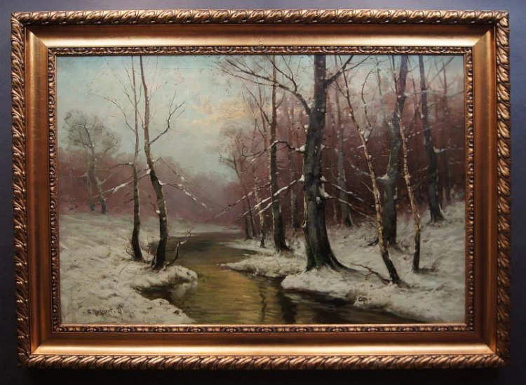 Zimowy olbrzymi Leśny pejzaż Adolf Rheinert 1917 Unikat