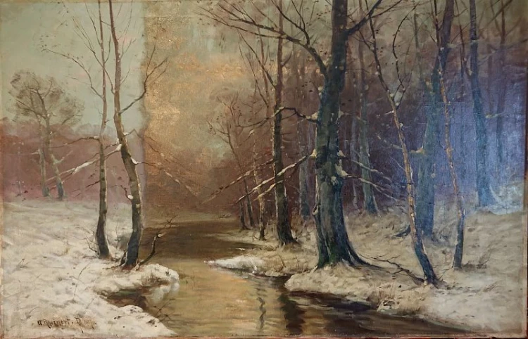 Zimowy olbrzymi Leśny pejzaż Adolf Rheinert 1917 Unikat