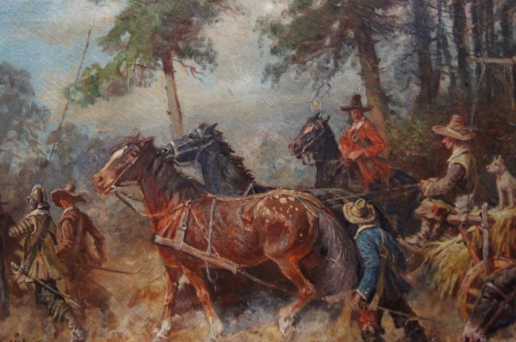 Tabor wojskowy z wojny 30 letniej olbrzymi obraz Max Ohmayer