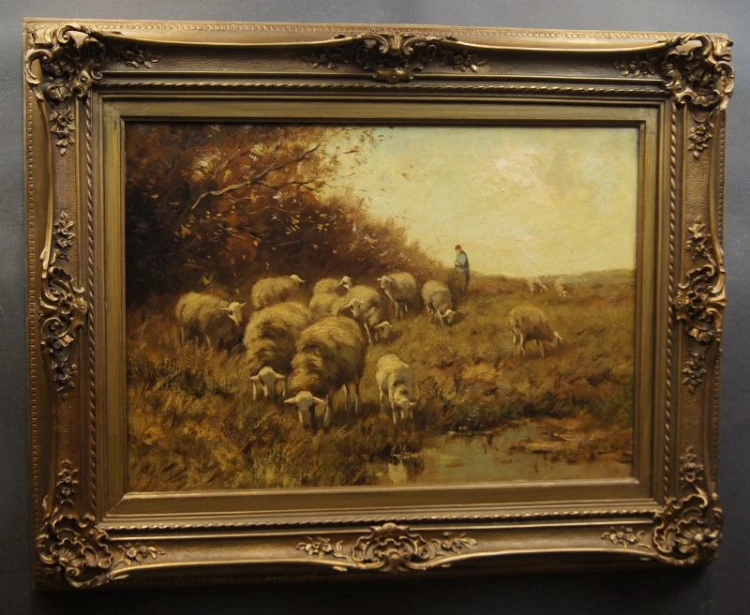 Cornelis Wouter Bouter pejzaż z owcami Holenderski stary obraz