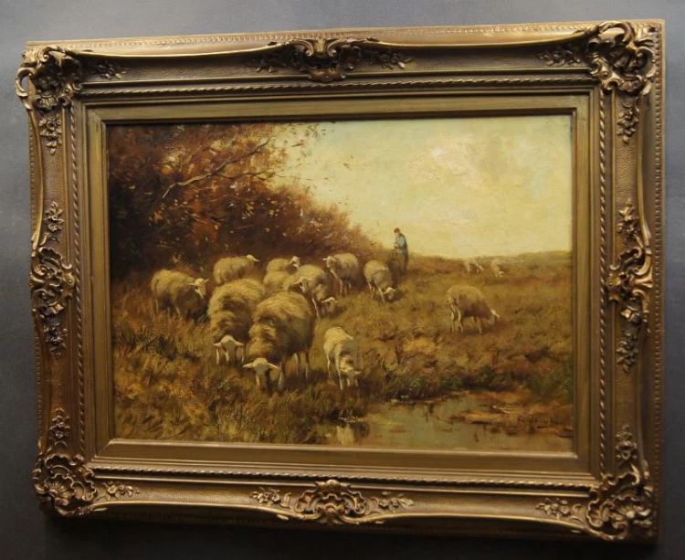 Cornelis Wouter Bouter pejzaż z owcami Holenderski stary obraz
