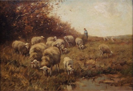 Cornelis Wouter Bouter pejzaż z owcami Holenderski stary obraz