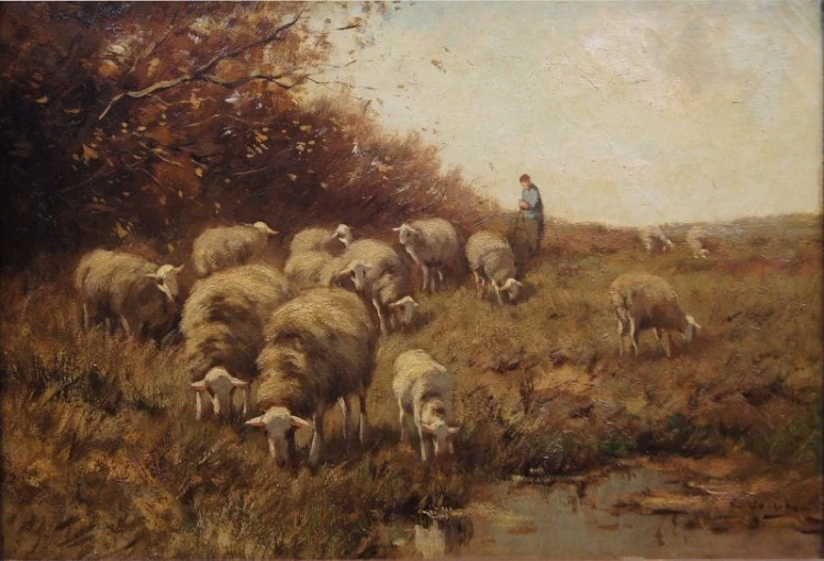 Cornelis Wouter Bouter pejzaż z owcami Holenderski stary obraz