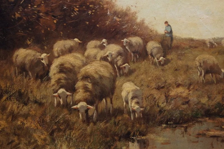 Cornelis Wouter Bouter pejzaż z owcami Holenderski stary obraz