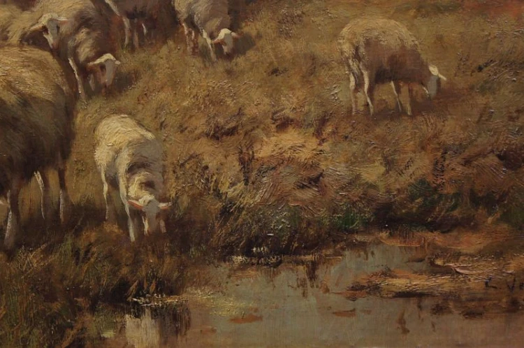 Cornelis Wouter Bouter pejzaż z owcami Holenderski stary obraz