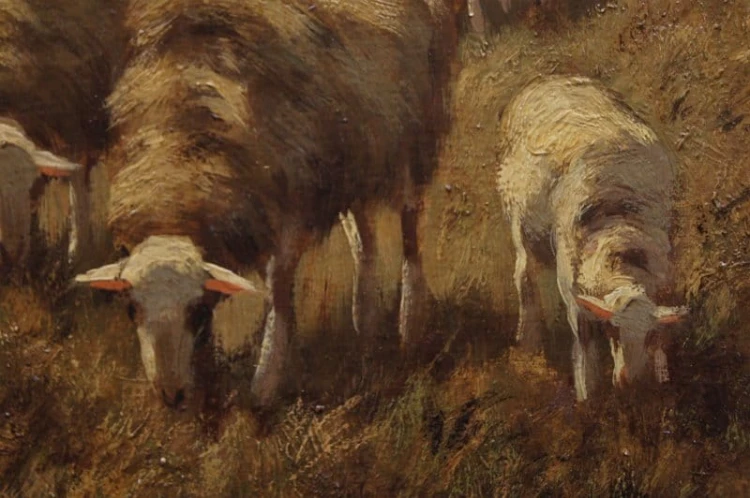 Cornelis Wouter Bouter pejzaż z owcami Holenderski stary obraz