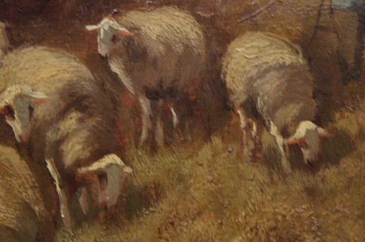 Cornelis Wouter Bouter pejzaż z owcami Holenderski stary obraz