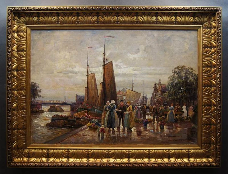 Holenderski targ kwiatowy w Amsterdamie R. Hornemann wysokiej klasy malarstwo