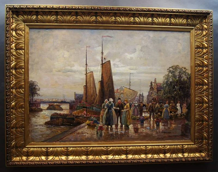 Holenderski targ kwiatowy w Amsterdamie R. Hornemann wysokiej klasy malarstwo