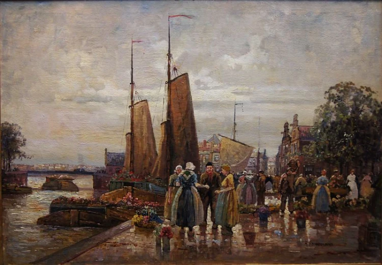 Holenderski targ kwiatowy w Amsterdamie R. Hornemann wysokiej klasy malarstwo