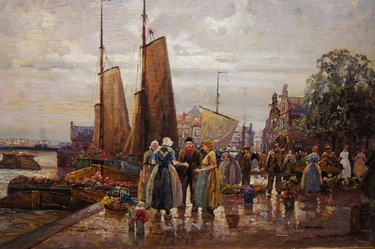 Holenderski targ kwiatowy w Amsterdamie R. Hornemann wysokiej klasy malarstwo