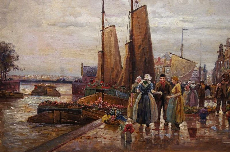 Holenderski targ kwiatowy w Amsterdamie R. Hornemann wysokiej klasy malarstwo