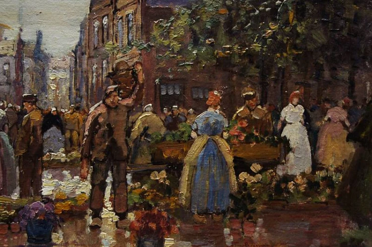 Holenderski targ kwiatowy w Amsterdamie R. Hornemann wysokiej klasy malarstwo
