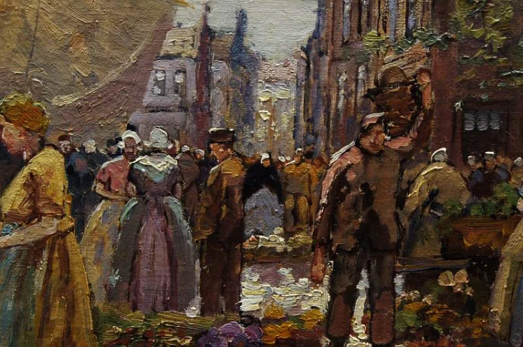 Holenderski targ kwiatowy w Amsterdamie R. Hornemann wysokiej klasy malarstwo