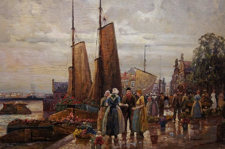 Holenderski targ kwiatowy w Amsterdamie R. Hornemann wysokiej klasy malarstwo
