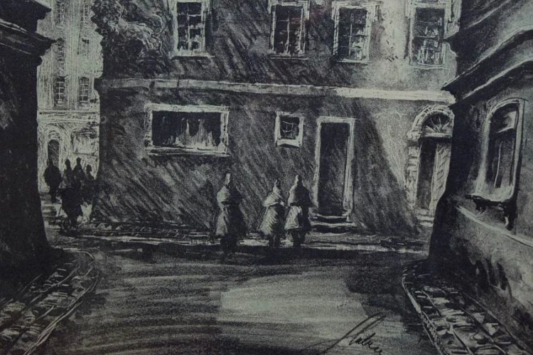Litografia autorska Jan Kulikowski Warszawska Starówka ulica Piwna