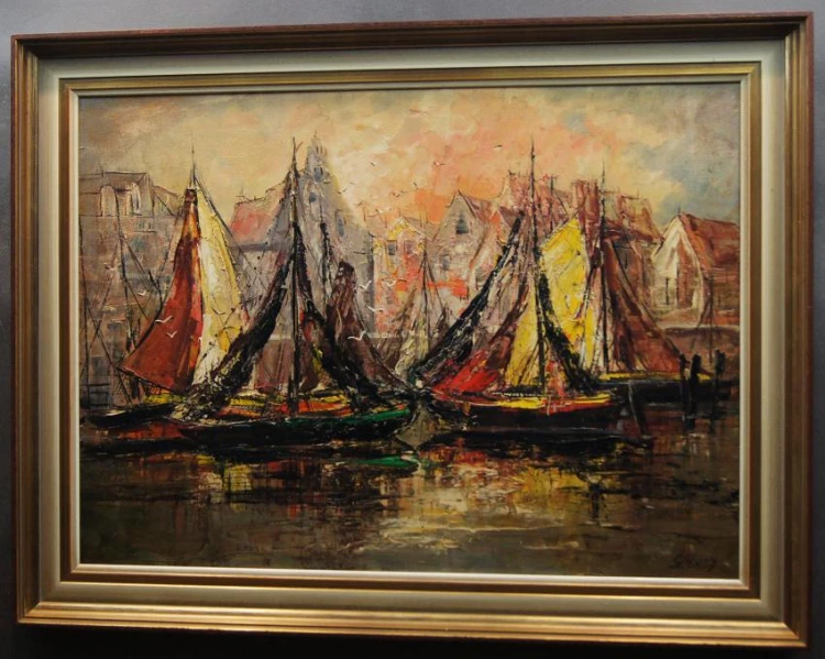 Barwne łodzie na tle architektury impresjonistyczny majstersztyk