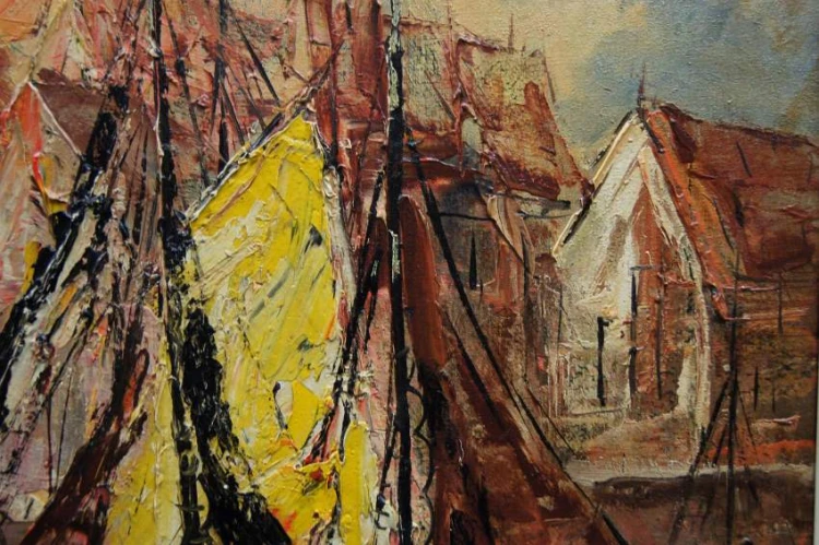 Barwne łodzie na tle architektury impresjonistyczny majstersztyk