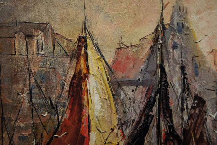 Barwne łodzie na tle architektury impresjonistyczny majstersztyk
