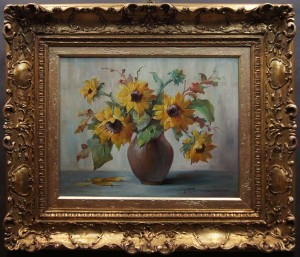 Ręcznie malowany obraz kompozycja słoneczników w wazonie Hedwig Petermann